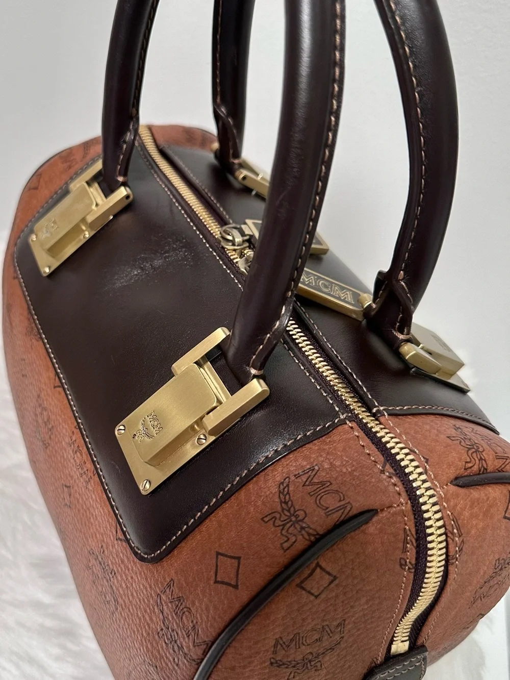 AUTHENTIC MCM Limited Edition Brown Choco Visetos Boston Satchel Luxury Handbag